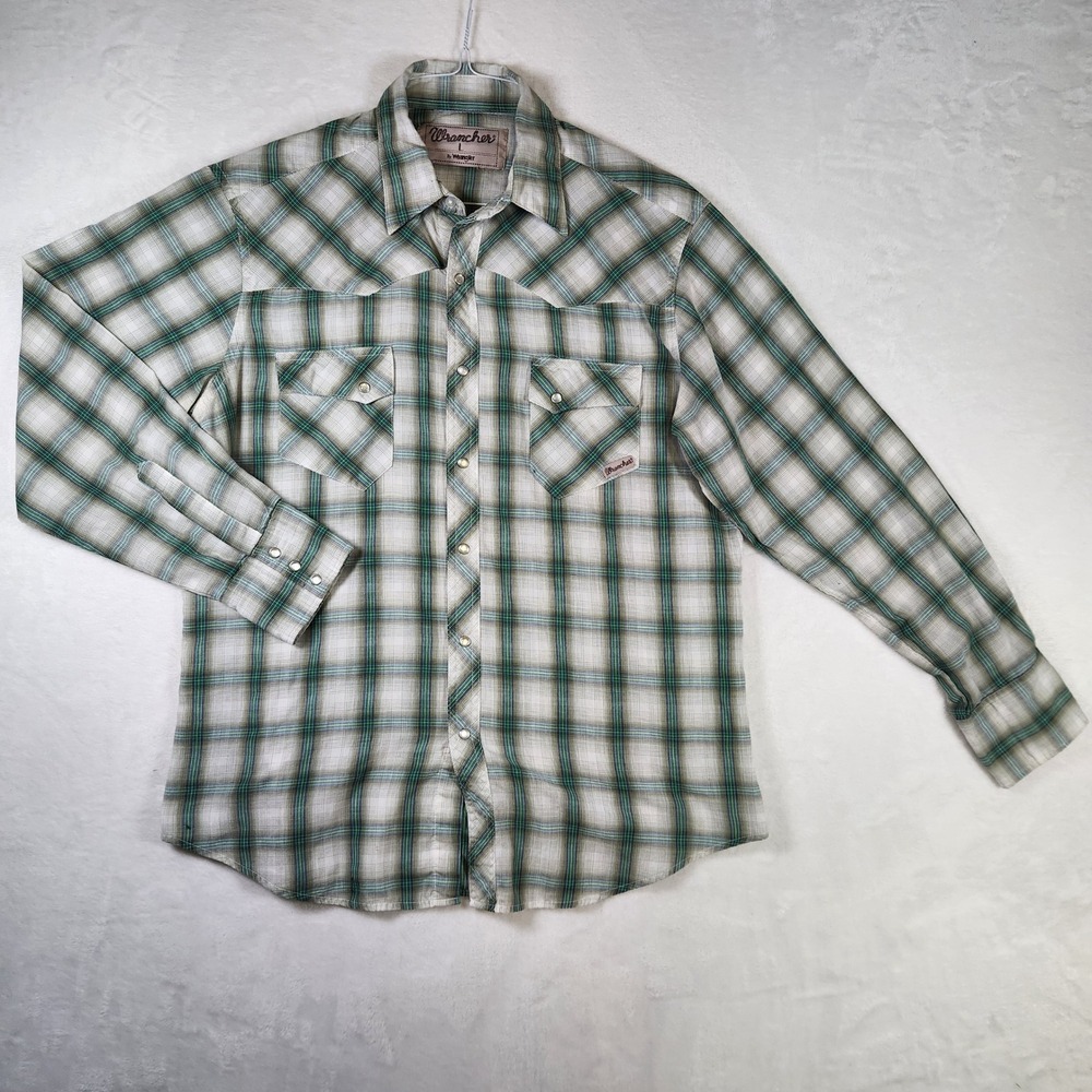 Wrangler Wrancher Western Plaid Shirt Mens L Long Sleeve Pearl Snap Cowboy‎